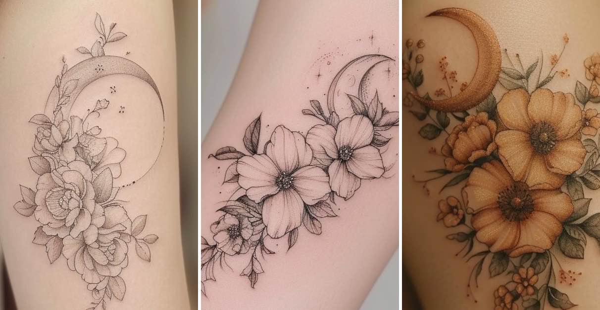 Tatuagem feminina lua e flores