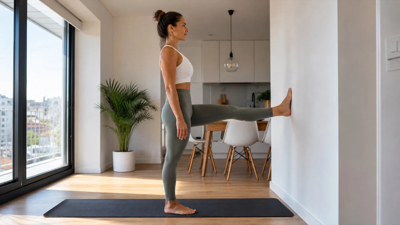 Mulher adulta a fazer Pilates na parede numa sala luminosa em casa