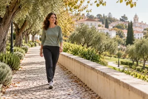 Mulher a caminhar tranquilamente num parque com árvores e casas ao fundo